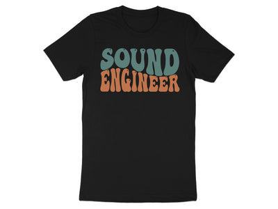 Black t-shirt with retro "SOUND ENGINEER" text in orange and teal.