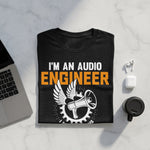 Dark t-shirt with "I'm an audio engineer" text and megaphone graphic.