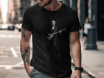 Black t-shirt featuring Abraham Lincoln playing an electric guitar.