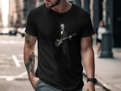 Black t-shirt featuring Abraham Lincoln playing an electric guitar.