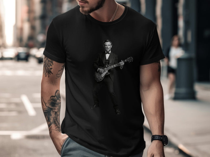 Black t-shirt featuring Abraham Lincoln playing an electric guitar.