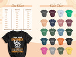 T-shirt graphic with size and color charts, and text "I'm an audio engineer".