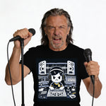 Man with microphones holding a t-shirt with cartoon music producer.