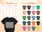 T-shirt size and color charts with garment measurements and fabric color swatches.