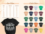 T-shirt size and color charts with "I'm the sound guy" graphic.