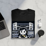 Black t-shirt with cartoon character wearing headphones and audio equipment.