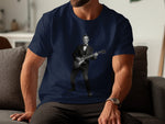 Abraham Lincoln in a tuxedo playing a guitar on a navy t-shirt.