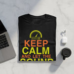 Black t-shirt with "KEEP CALM AND LET THE SOUND" text and gauge graphic.