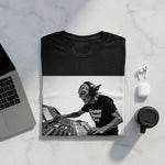 Grumpy Sound Guy t-shirt featuring a goblin DJing on a soundboard.