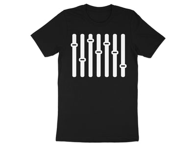 Black t-shirt with white audio mixer sliders graphic.