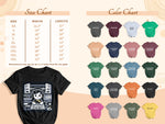 T-shirt size and color charts with garment illustrations and measurements.