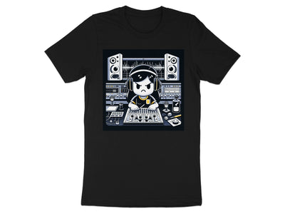 Cartoon character wearing headphones behind a soundboard in a studio.