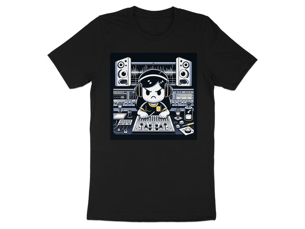 Cartoon character wearing headphones behind a soundboard in a studio.