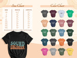 T-shirt color and size charts with "Sound Engineer" text design.