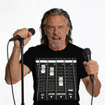 Man wearing black t-shirt with soundboard design featuring "HATE LOATHING COMPASSION Bass" labels.