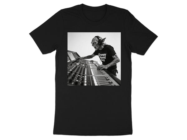 Grumpy Sound Guy graphic on a black t-shirt.
