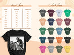 Size and color charts for t-shirts.