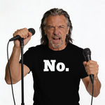 Man wearing a black t-shirt with "No." printed in white, holding two microphones.