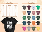 Size and color charts for a t-shirt with text "I'm a sound guy, don't push my buttons!".