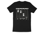T-shirt design features a mixing board with sliders labeled HATE, LOATHING, COMPASSION, and Bass.