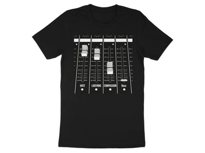 T-shirt design features a mixing board with sliders labeled HATE, LOATHING, COMPASSION, and Bass.