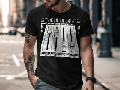 Black t-shirt with a soundboard graphic: "The Grumpy Sound Guy".
