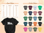 T-shirt size and color charts with "No." graphic.