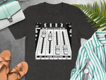 T-shirt graphic with soundboard sliders labeled "The Grumpy Sound Guy" and "Hate, Loathing, Compassion, Bass".